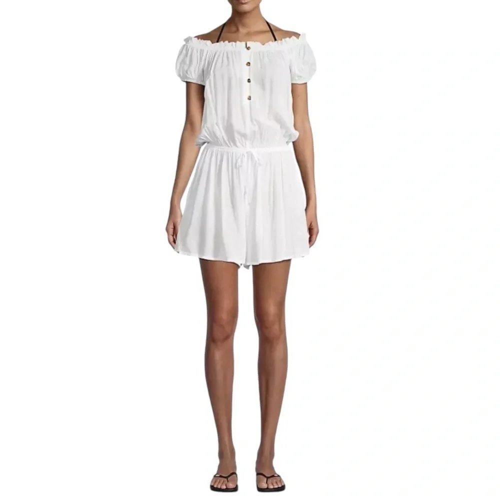 Kate Spade - New York Heart Buckle Off-The-Shoulder Cover-Up Romper Sz S